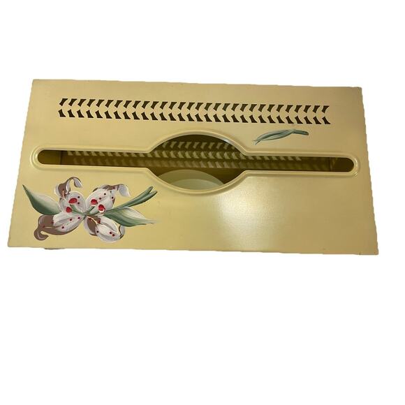 Vintage Metal Tissue Box Holder Cover Yellow With Flower Grecian Key Cut Out - Picture 2 of 10